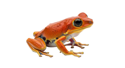 Isolated orange tree frog sitting still on flat surface, exotic amphibian for scientific study