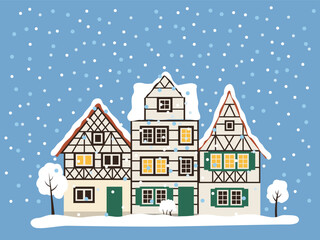 Fototapeta premium Cozy European houses and trees covered with snow for New Year and Christmas. A German building Isolated vector illustration.