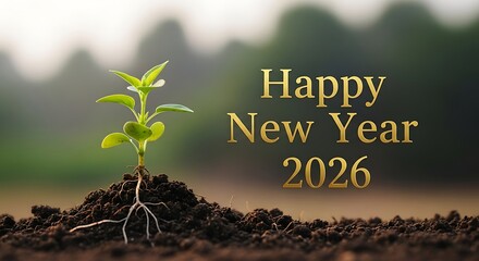A small plant growing in soil with happy new year 2026 message on a blurred background outdoors