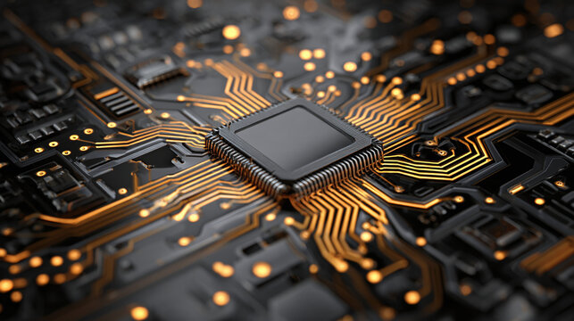 A close-up of a central processing unit (CPU) chip, with intricate electronic circuits. The image focuses on the details of the silicon chip.