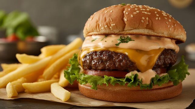 Juicy Cheeseburger with Melted Cheese and French Fries on Rustic Table