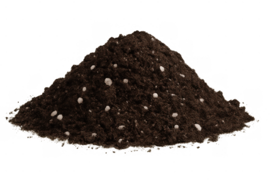 Mound of rich dark potting mix for gardening and planting, containing perlite for aeration, isolated on transparent background