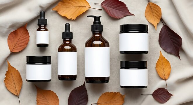Assorted skincare bottles and jars with autumn leaves on rustic surface