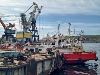 large icebreaker ship in the port view from below