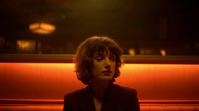 Solitary Woman Under Orange Neon Light in Retro Diner Booth