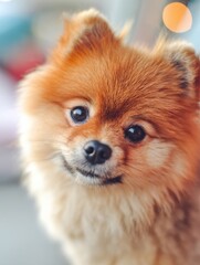 Obraz premium Fluffy Pomeranian Dog Close-Up Shines With Soft Bokeh and Pastel Colors in a Cozy Setting