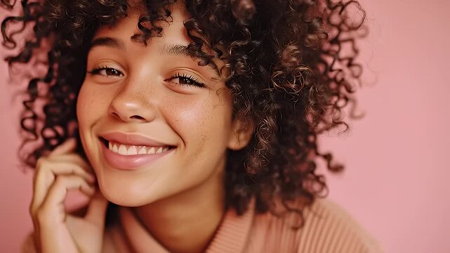 Happy young woman with curly hair smiling on pink background. 4K Video