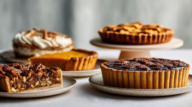 Selection of rustic homemade pies and tarts with pecan, pumpkin and caramel flavors served for fall holidays