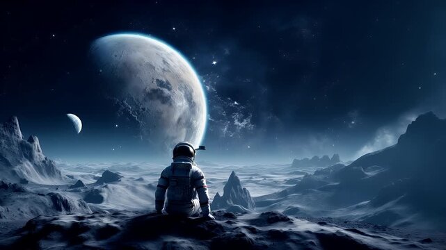 Digital art scifi wallpaper background. astronaut on moons surface with planet in the background.
