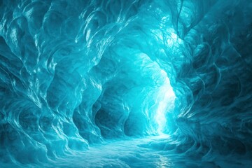 Frozen Crystal Cavern. A luminous icy tunnel glows with cool blue light, revealing sculpted walls and a serene frozen floor leading toward a bright distant opening.