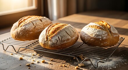 Freshly baked rustic bread loaves on cooling rack