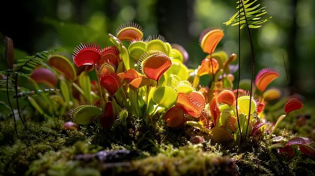 Glowing Venus Flytraps in a Dark Forest Setting
