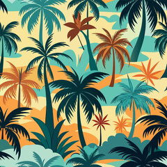 Tropical palm tree pattern with sunset colors and beach background.