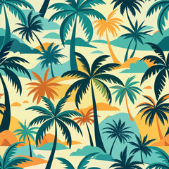 Tropical palm tree pattern with sunset colors and beach background.