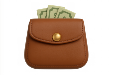 Brown leather wallet with money emerging, representing savings, finance, cost control, and financial security