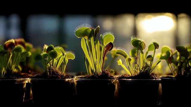 Dramatic Silhouette of Venus Flytraps Growing Under Bright Light