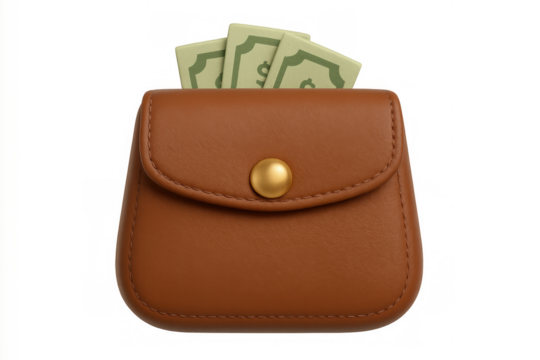 Brown leather wallet with money emerging, representing savings, finance, cost control, and financial security