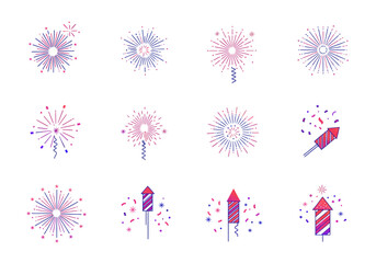 A festive collection of colorful firework and rocket icons, featuring various burst designs for celebrations and holiday events