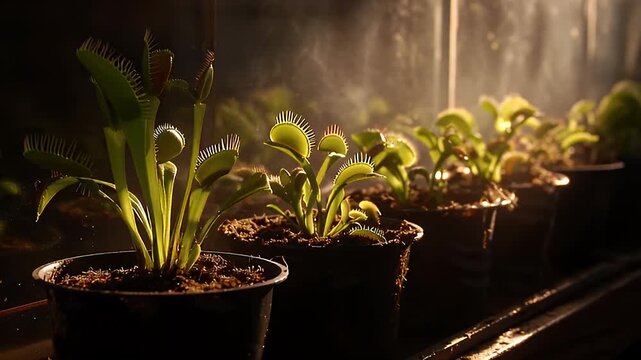 Venus Flytraps Potted Indoors with Atmospheric Backlight