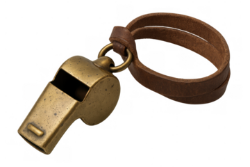 Whistle made of brass with a brown leather strap, representing sport, coaching, signaling, and vintage sound