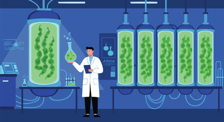Algae Biomass Researcher Holding Flask in Laboratory with Vertical Bioreactors, Scientific Experiment, Biotechnology Research, Lab Equipment