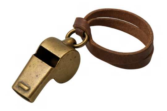 Whistle made of brass with a brown leather strap, representing sport, coaching, signaling, and vintage sound