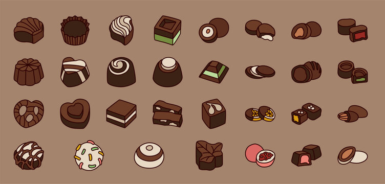 Assorted chocolate bonbon icons in a flat, outlined style