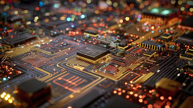 A detailed shot of a circuit board illuminated with vibrant lights