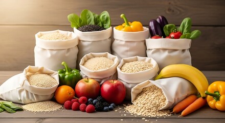 Assorted grains, vegetables, and fruits in burlap bags on table