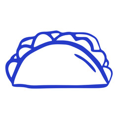 hand-drawn doodle illustration of a taco, empanada, or dumpling with filling. Mexican or street food element for a restaurant menu or sticker in a simple blue line art style.