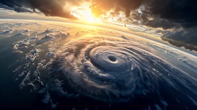 Aerial view of a tropical cyclone in outer space during sunset or sunrise, with swirling clouds and sunlit horizon.