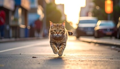 Focused feline - A tabby cat strides confidently down a city street.