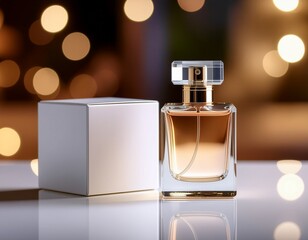 Elegant golden fragrance bottle with its blank white box on a reflective surface, bathed in soft, warm bokeh lights, evoking luxury and sophistication for beauty product promotion