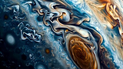 Planet Jupiter closeup. A closeup view of the planets surface, showcasing swirling patterns of blue, white, and brown hues.