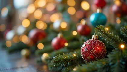 Close up of christmas tree ornaments and lights creating a festive atmosphere indoors 4k and hd image