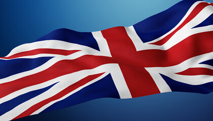 3D render of a realistic Union Jack flag gracefully waving on a smooth blue gradient