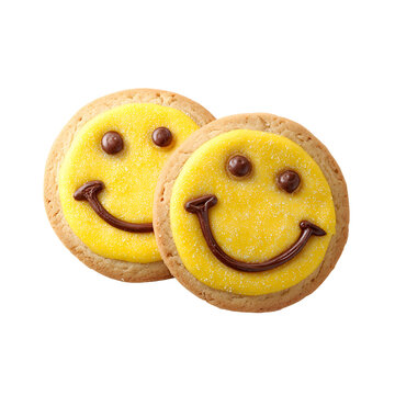 Two cheerful smiley face cookies on a black background
