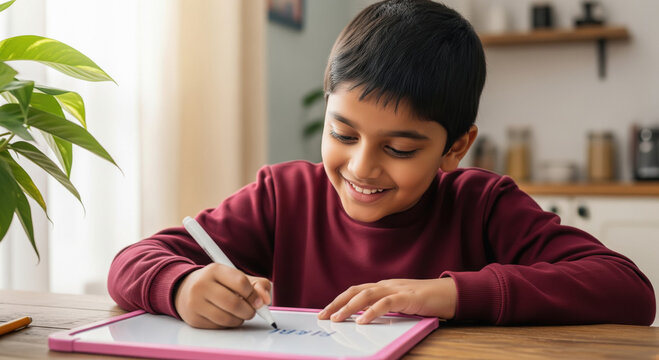 A little boy in a sweater is concentrating while drawing on a digital tablet with a stylus at home.