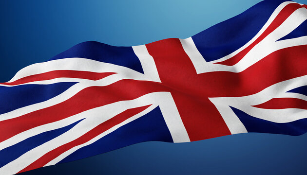 3D render of a realistic Union Jack flag gracefully waving on a smooth blue gradient