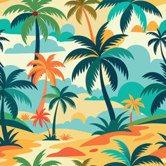Tropical palm tree pattern with sunset colors and beach background.