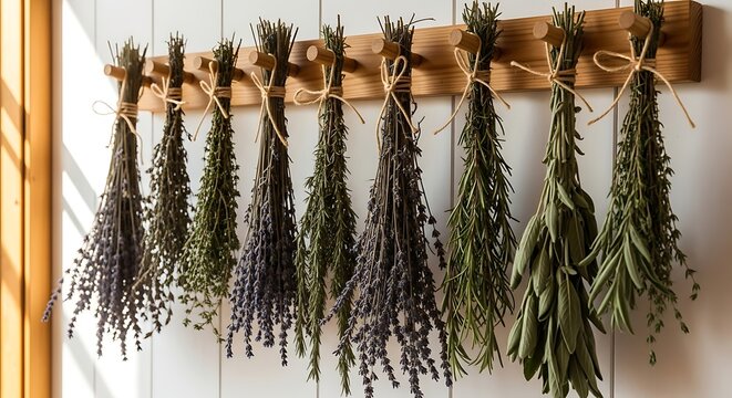 Dried herbs hanging on wooden rack
