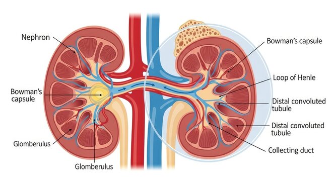 Detailed Human Kidney Nephron Anatomy Diagram Illustration Filtration and Excretion Process