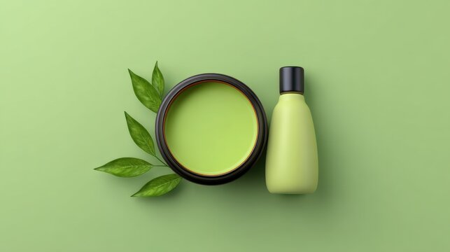 Green skincare products with leaves on a soft green background showcasing natural beauty and eco-friendly materials for wellness and relaxation