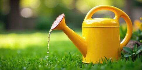 A cheerful yellow watering can, ready to hydrate your garden Perfect for spring and summer gardening imagery Shows vibrant color and classic garden tool design , soil, summer