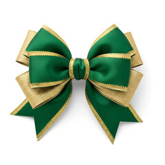 A bow made of green and gold fabric for decoration Christmas tree on white background