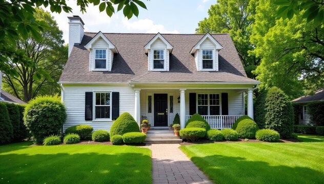 A charming suburban home with a well-manicured lawn, lush landscaping, and a welcoming front porch, perfect for family gatherings , suburban, home sweet home