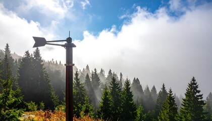 Weather vane in the mountains with fog and clouds.