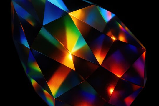 Prismatic Gemstone Reflections. A faceted crystal bursts with vibrant rainbow light, its polished surfaces scattering rich spectral colors across a dark backdrop in a striking abstract display.