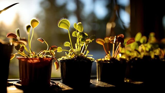 Venus Flytraps Silhouetted by Sunset Light Indoors Window