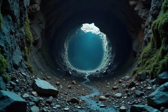 A dark, damp tunnel collapses inward, revealing unstable rock and potential hazards Debris and shadows create a sense of impending danger and claustrophobia , disaster relief, safety